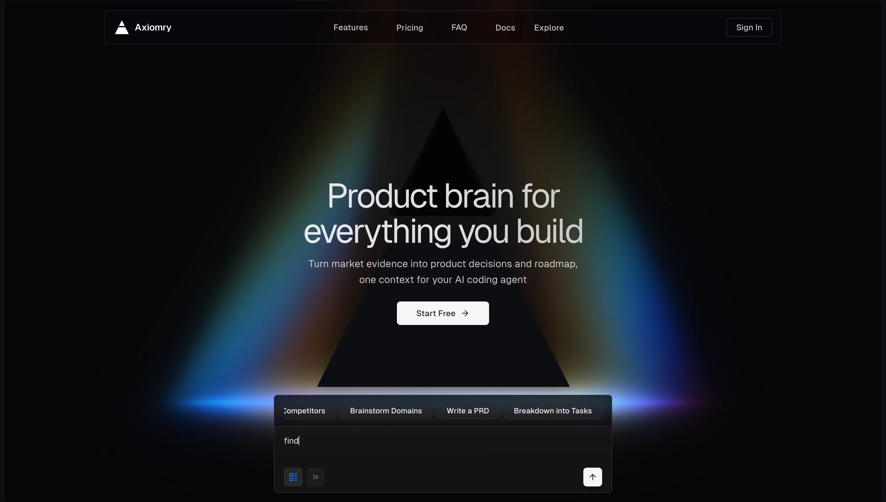 Axiomry landing page hero screen